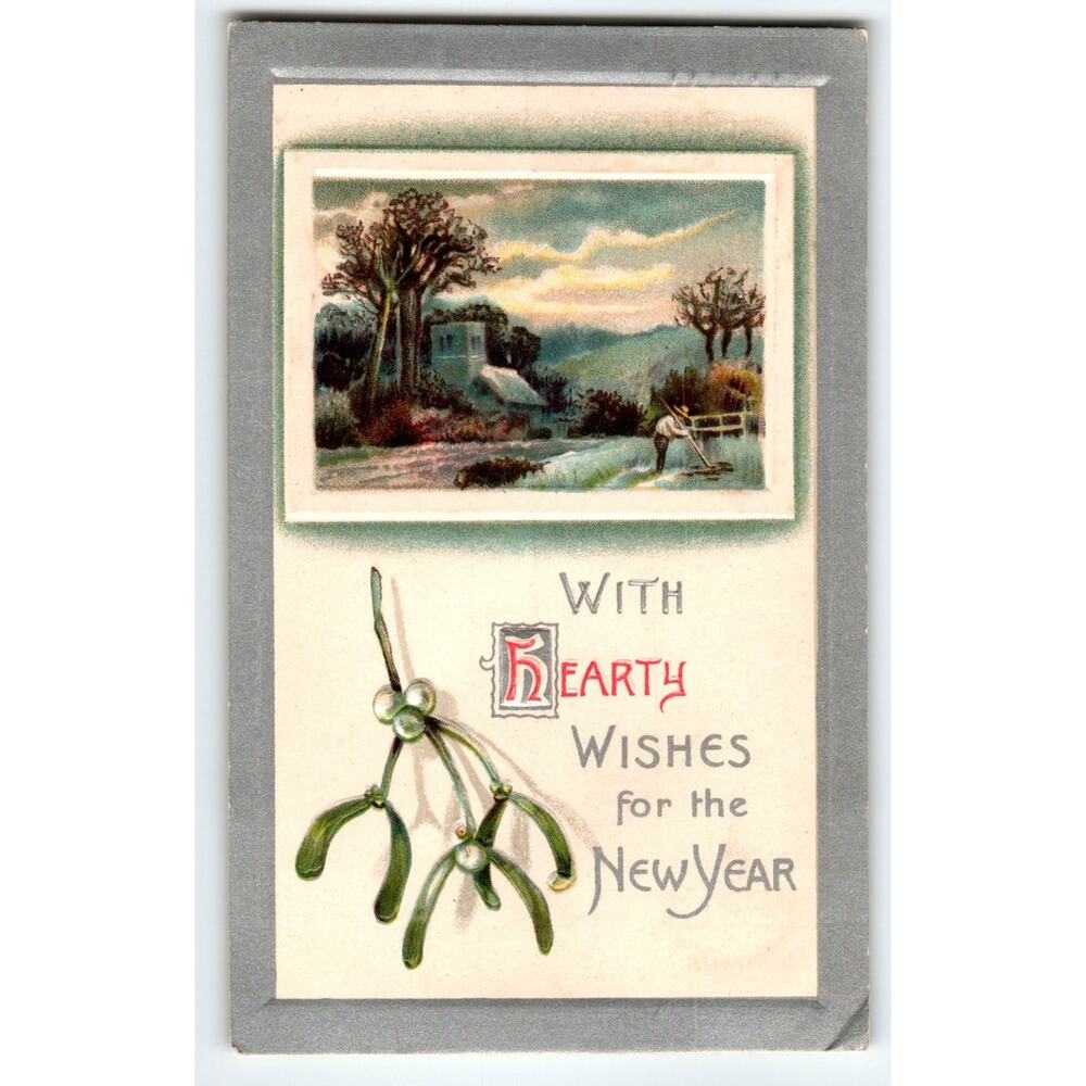 Vintage 1910 New Year Postcard With Mistletoe & Scenic Farm Lithograph